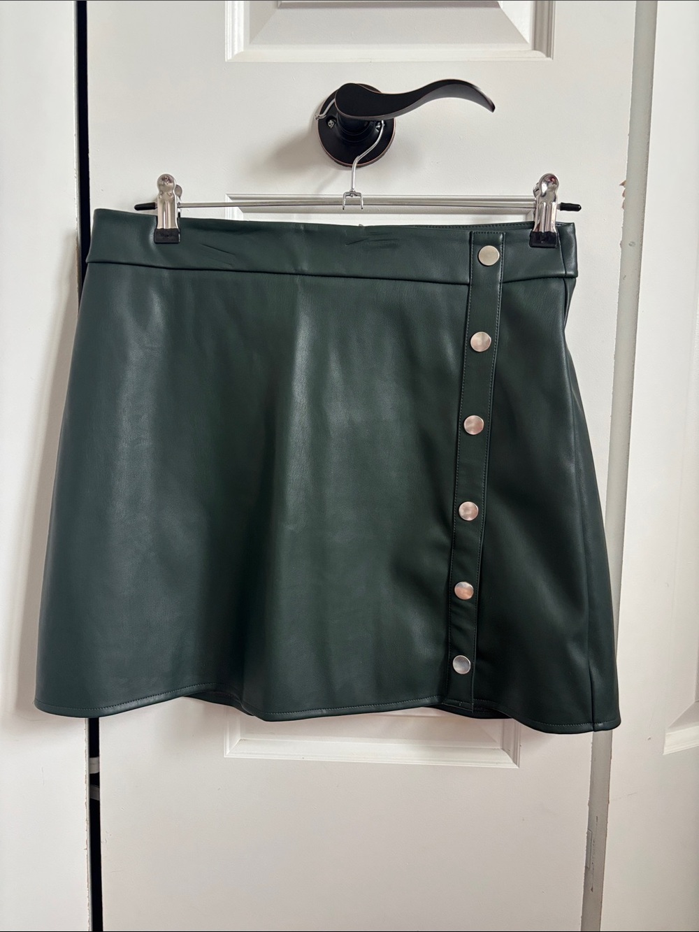 Bar III Forest Green Faux Leather A-Line Mini Skirt with Snap Trim